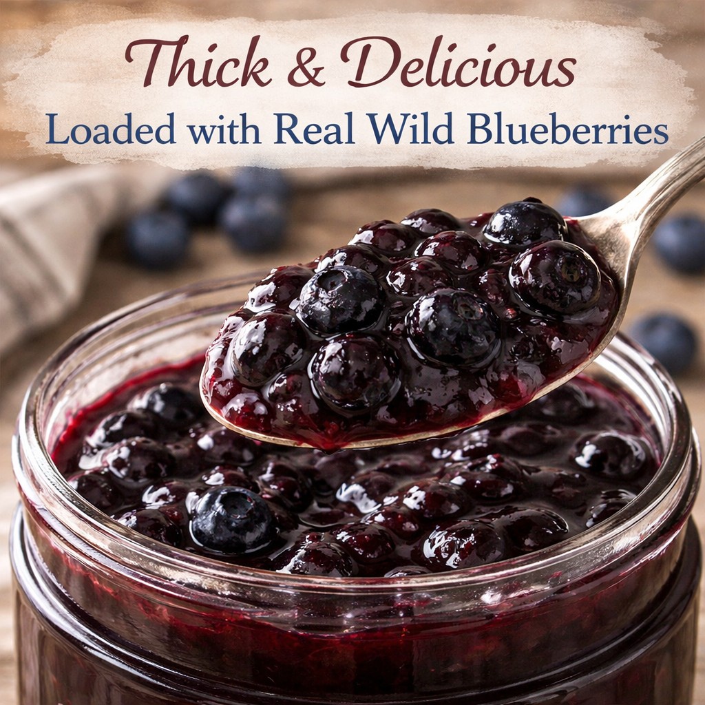 Thick Natural Wild Blueberry Pie Filling loaded with real wild blueberries in a bright farmhouse kitchen.
