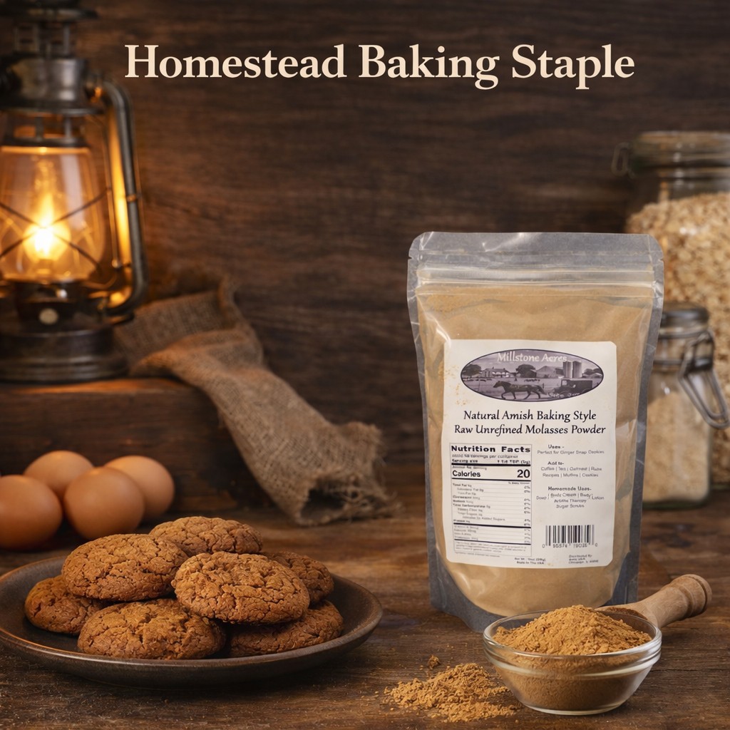 Millstone Acres Blackstrap Molasses Powder displayed beside homemade ginger cookies and traditional baking ingredients in a bright farmhouse kitchen.
