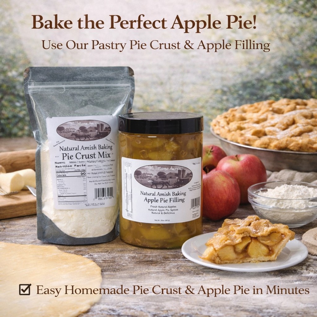 Natural Spiced Apple Pie Filling paired with Millstone Acres Sweetened Pie Crust Mixes for homemade apple desserts.
