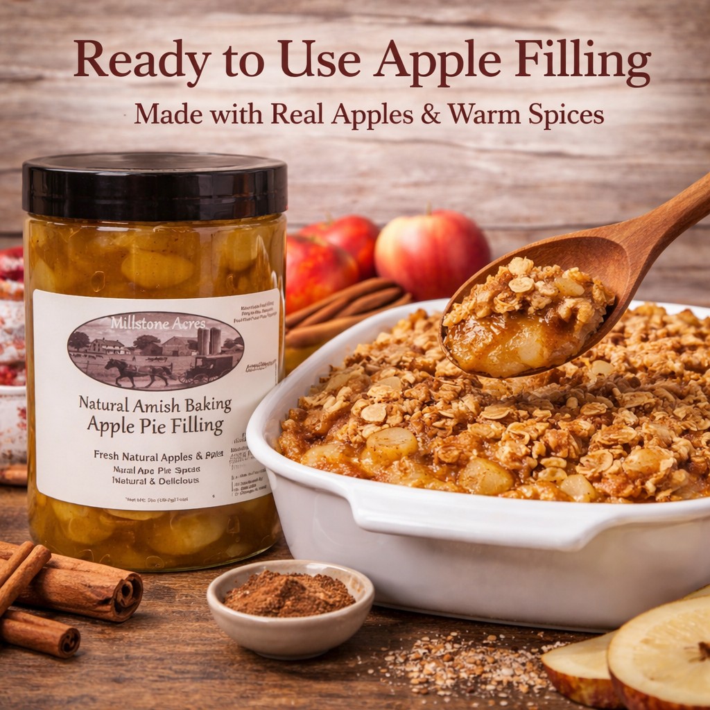Natural Spiced Apple Pie Filling used to make homemade apple crisp with a buttery crumb topping.