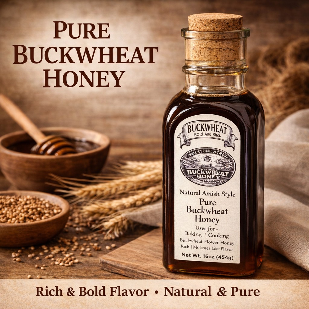 Buckwheat honey drizzled over a warm biscuit in a rustic farmhouse kitchen setting with cozy homestead styling.