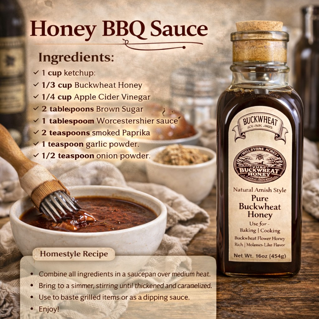 Buckwheat honey barbecue sauce recipe image featuring pure buckwheat honey, homemade BBQ sauce, and rustic farmhouse kitchen ingredients.