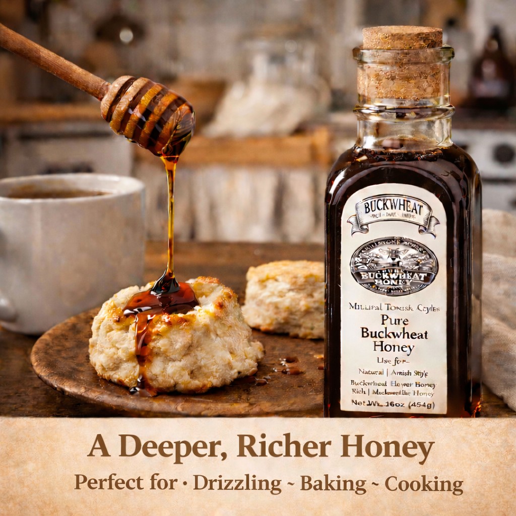Buckwheat honey drizzled over warm homemade biscuits with rustic farmhouse breakfast styling and cozy country kitchen atmosphere.
