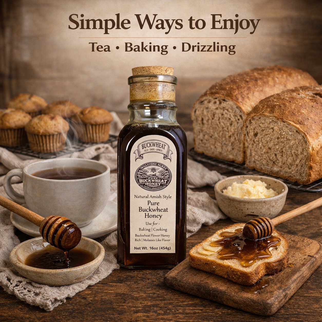 Buckwheat honey used in tea, baking, toast, and rustic farmhouse recipes with cozy country kitchen styling and warm natural lighting.
