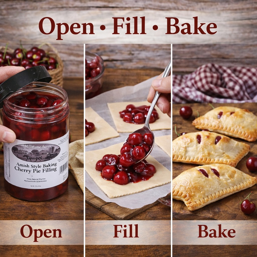 Millstone Acres Cherry Pie Filling used to make homemade hand pies and cherry turnovers.