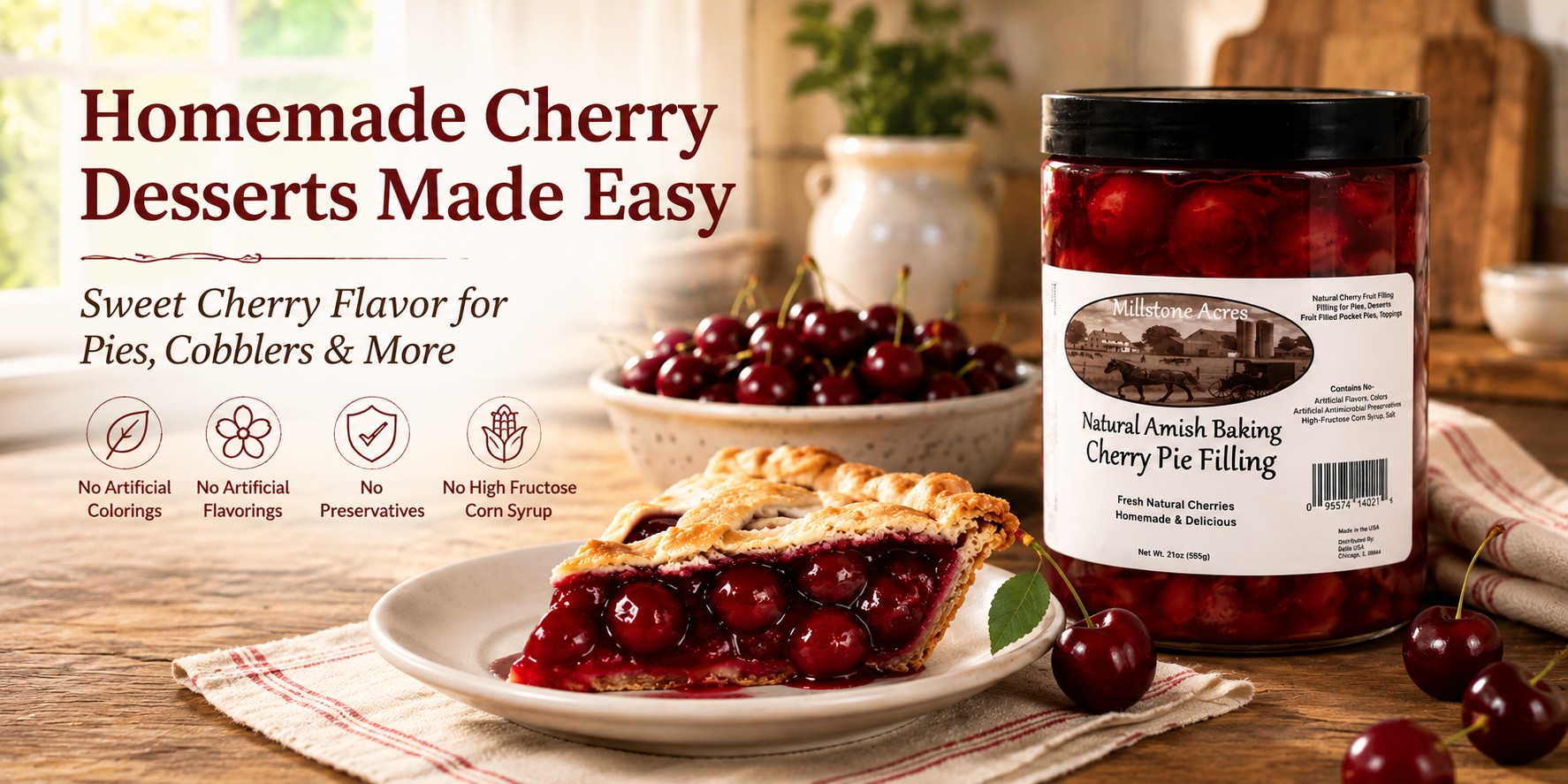 Millstone Acres Cherry Pie Filling with homemade cherry pie, whole cherries, and assorted cherry desserts in a bright homestyle kitchen.