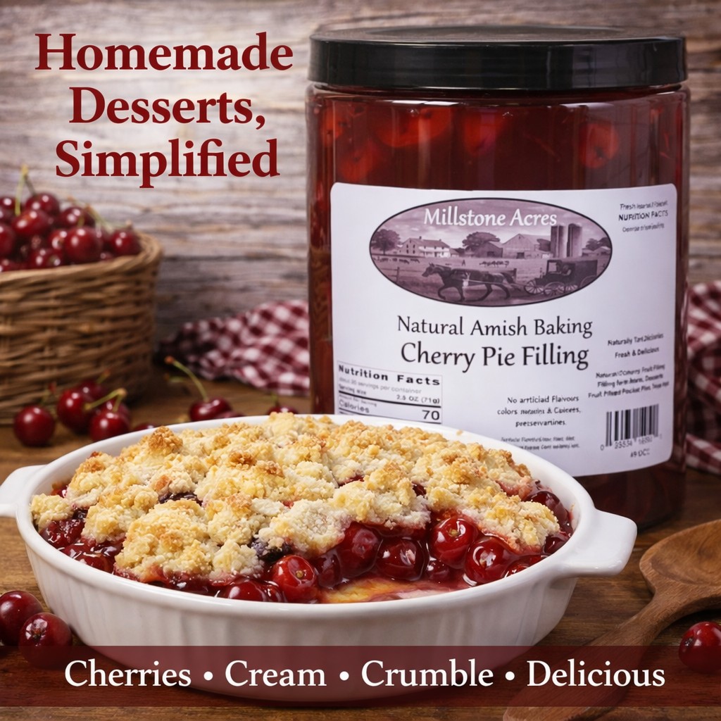 Cherry Pie Filling used in a homemade cherry crumble dessert with a golden buttery topping.