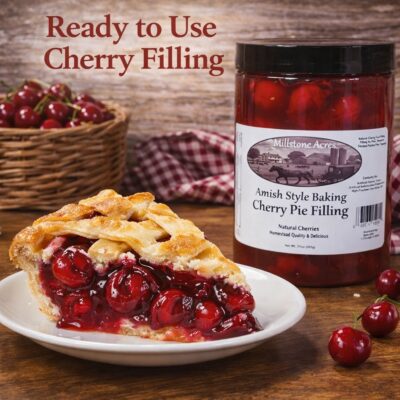 Millstone Acres Cherry Pie Filling with homemade cherry pie, fresh cherries, and natural ingredient highlights in a bright farmhouse kitchen.