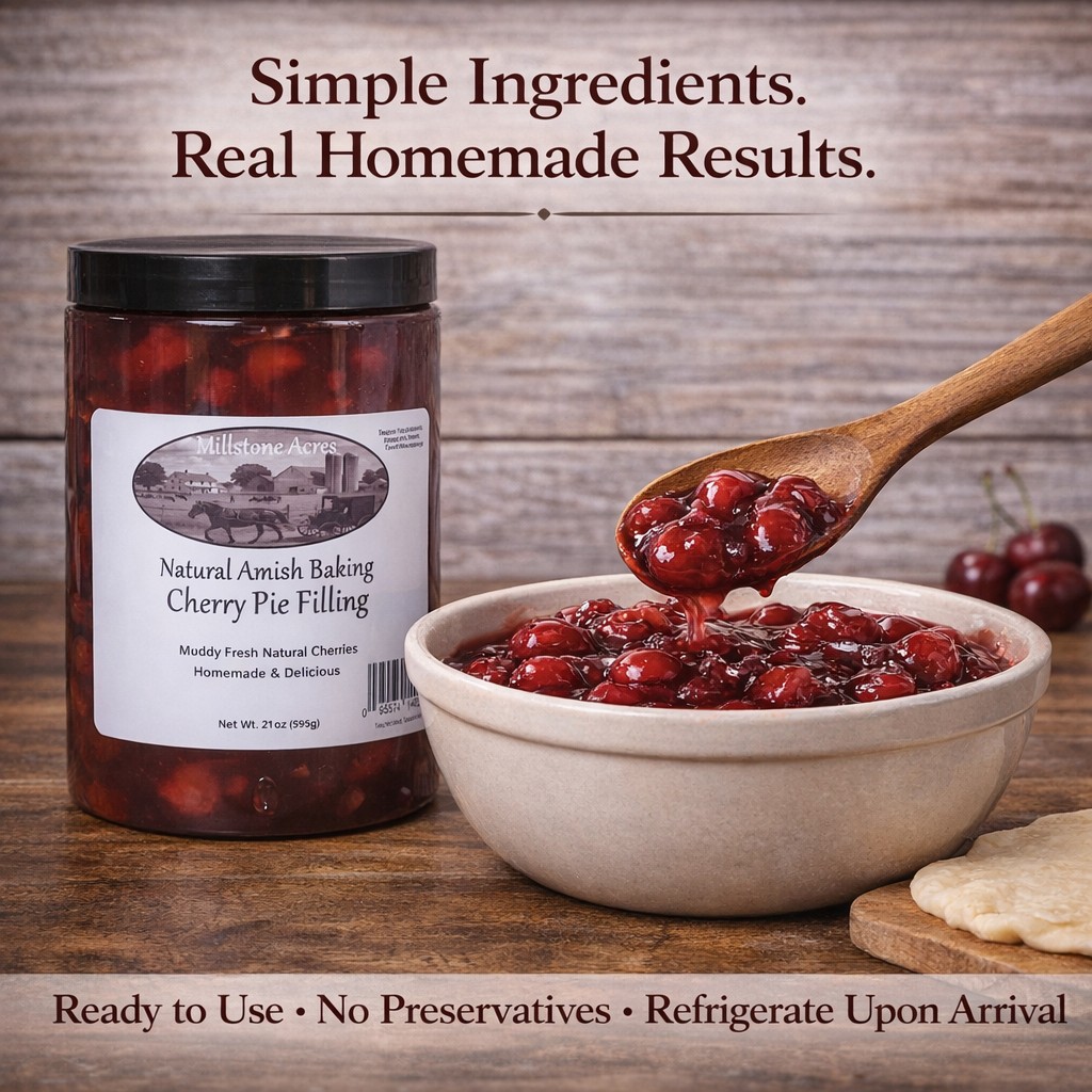 Millstone Acres Cherry Pie Filling made with simple ingredients for homemade cherry pies and desserts.
