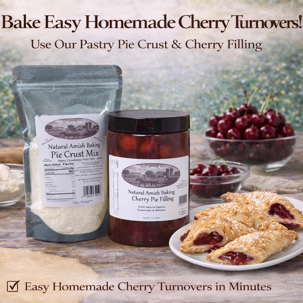 Millstone Acres Cherry Pie Filling paired with Pie Crust Mix for homemade cherry turnovers and pastries.