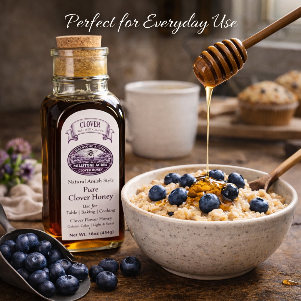 Clover Honey drizzled over oatmeal with blueberries in a cozy farmhouse breakfast setting.