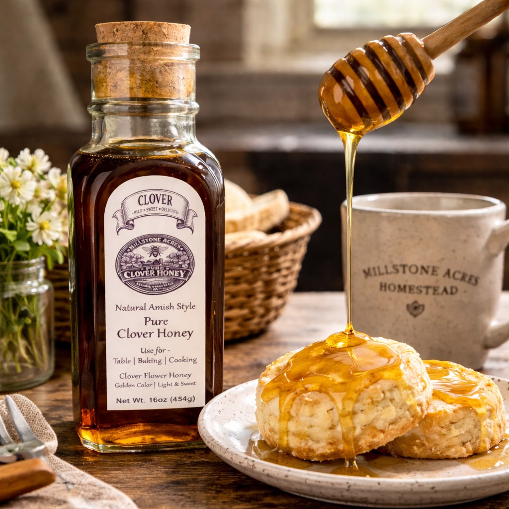 Clover Honey drizzled over warm homemade biscuits in a rustic farmhouse kitchen setting with cozy country breakfast styling.