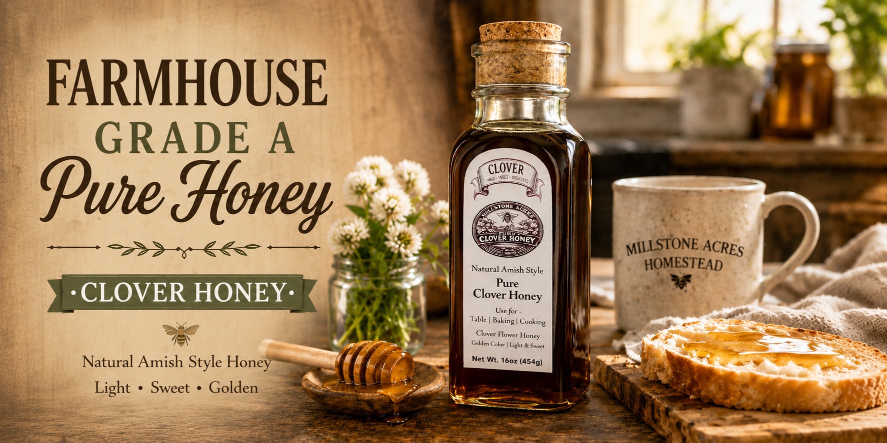 Pure Clover Honey for tea, coffee, baking, breakfast recipes, and everyday pantry use.