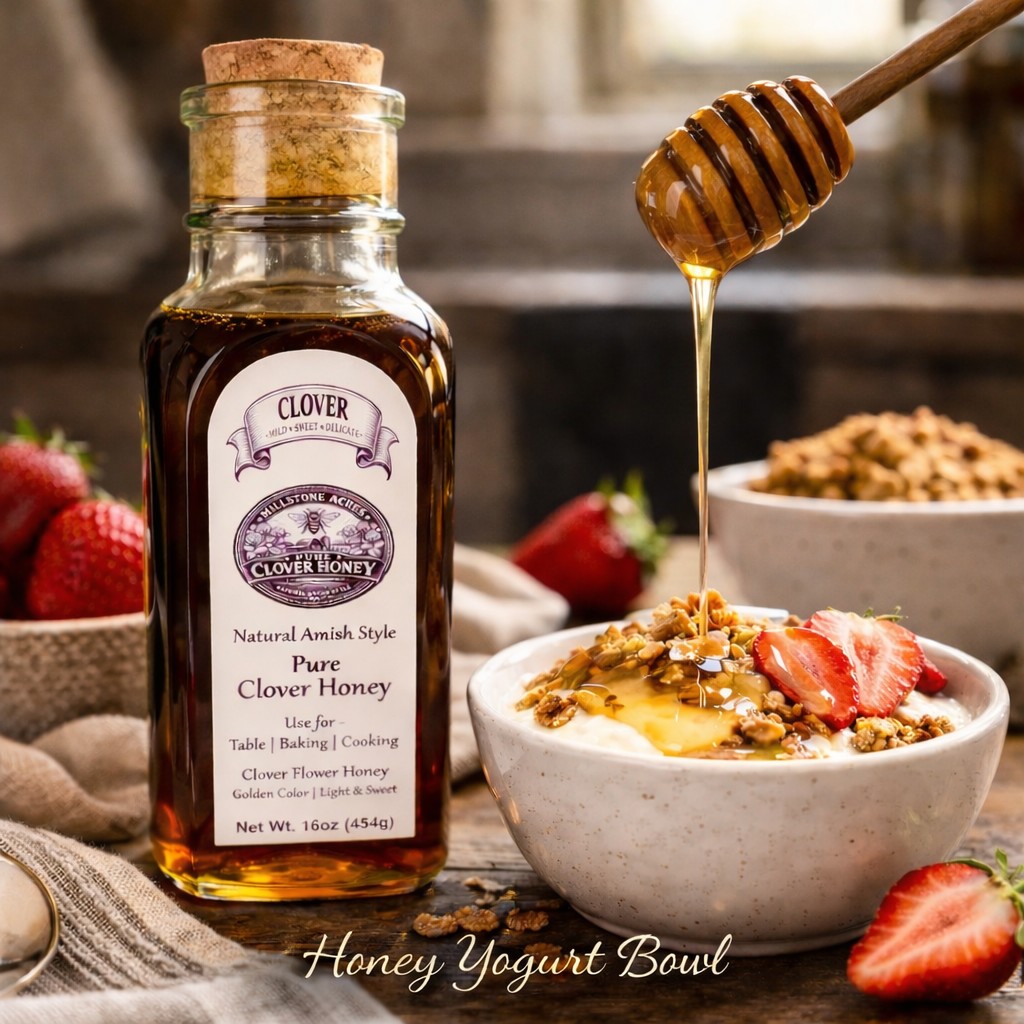 Clover Honey drizzled over yogurt and fresh fruit in a rustic farmhouse breakfast setting with cozy country kitchen styling.