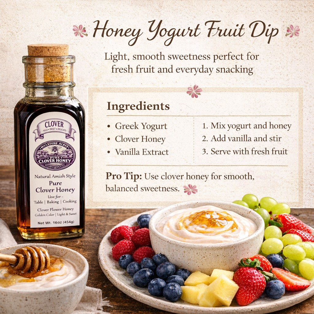 Clover Honey fruit dip recipe with fresh fruit and rustic farmhouse kitchen styling inspired by homemade country desserts.