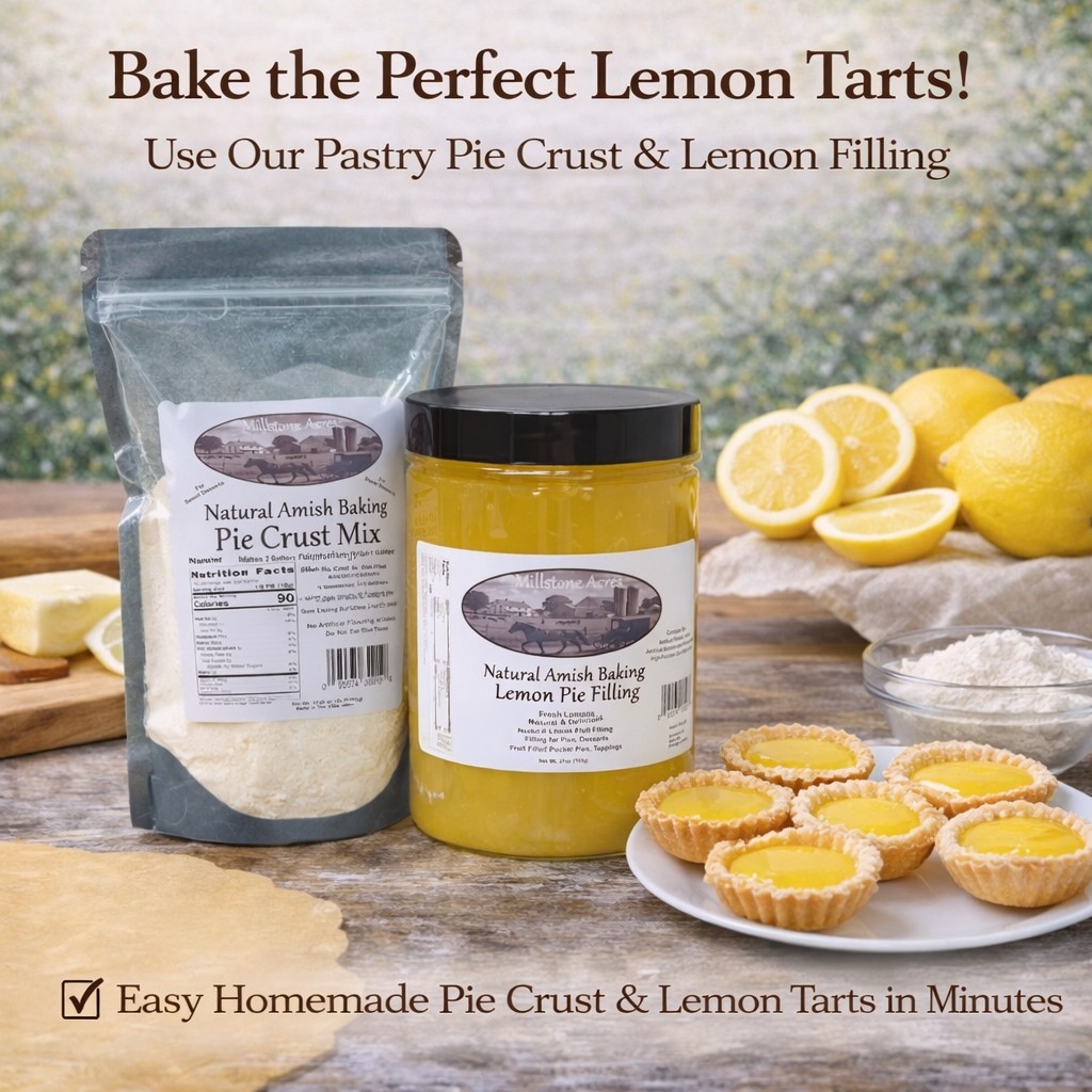 Lemon pie filling paired with Millstone Acres Honey-Sweetened Pie Crust Mix for easy homemade lemon tarts and desserts.