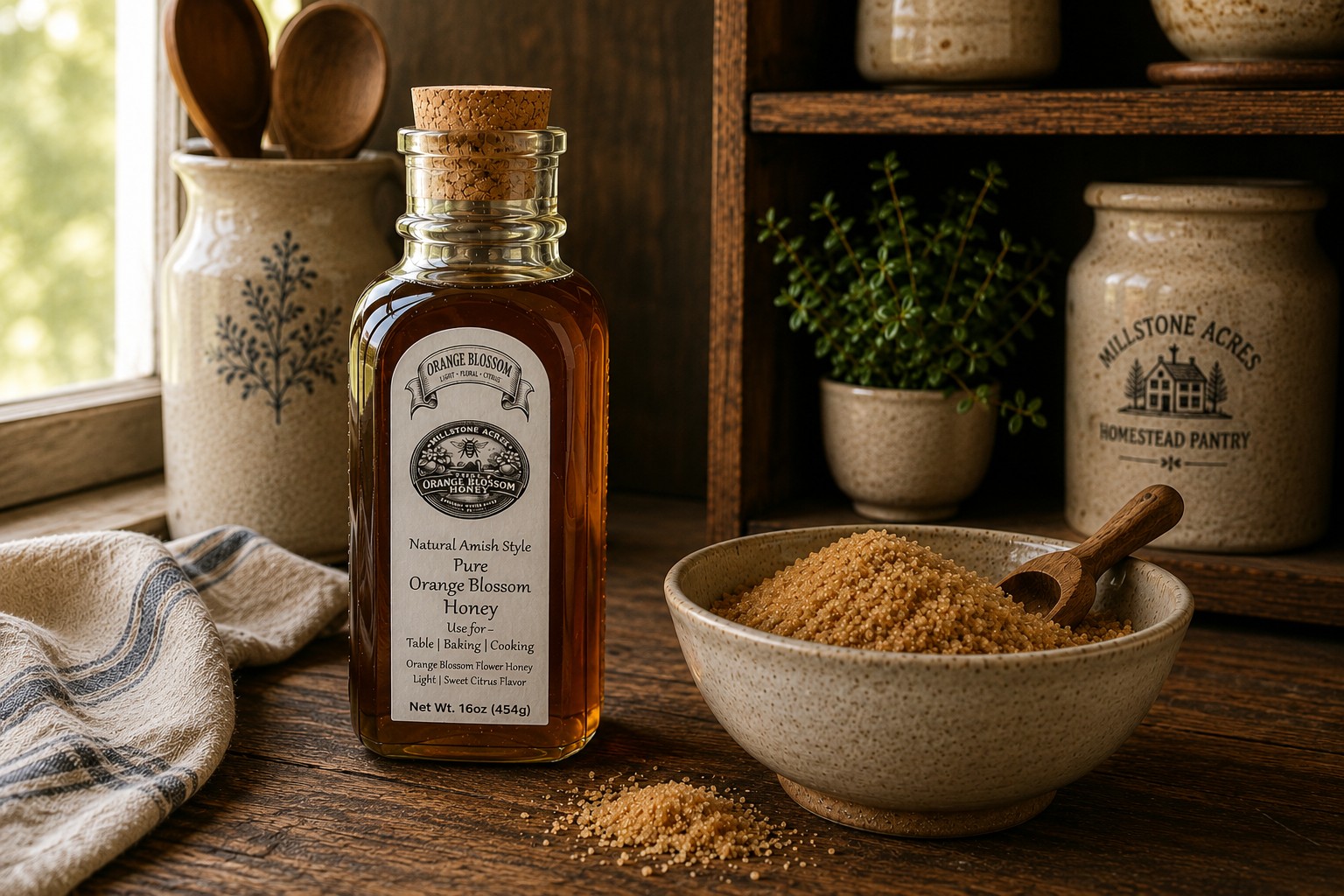 Millstone Acres honey and sweeteners including raw honey, maple syrup, maple sugar, molasses powder, cane sugar, and brown sugars.