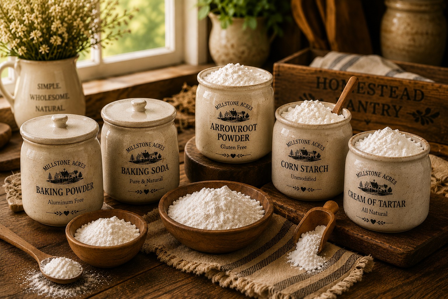 Millstone Acres baking essentials including baking powder, baking soda, cream of tartar, arrowroot powder, and unmodified corn starch.