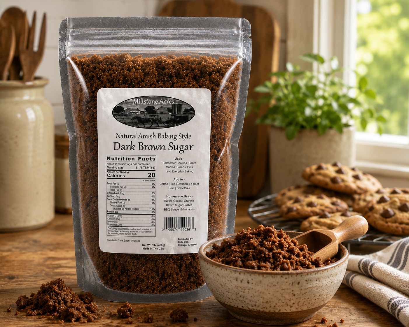 Fresh baked chocolate chip cookies made with Millstone Acres Dark Brown Sugar cooling in a bright farmhouse kitchen.