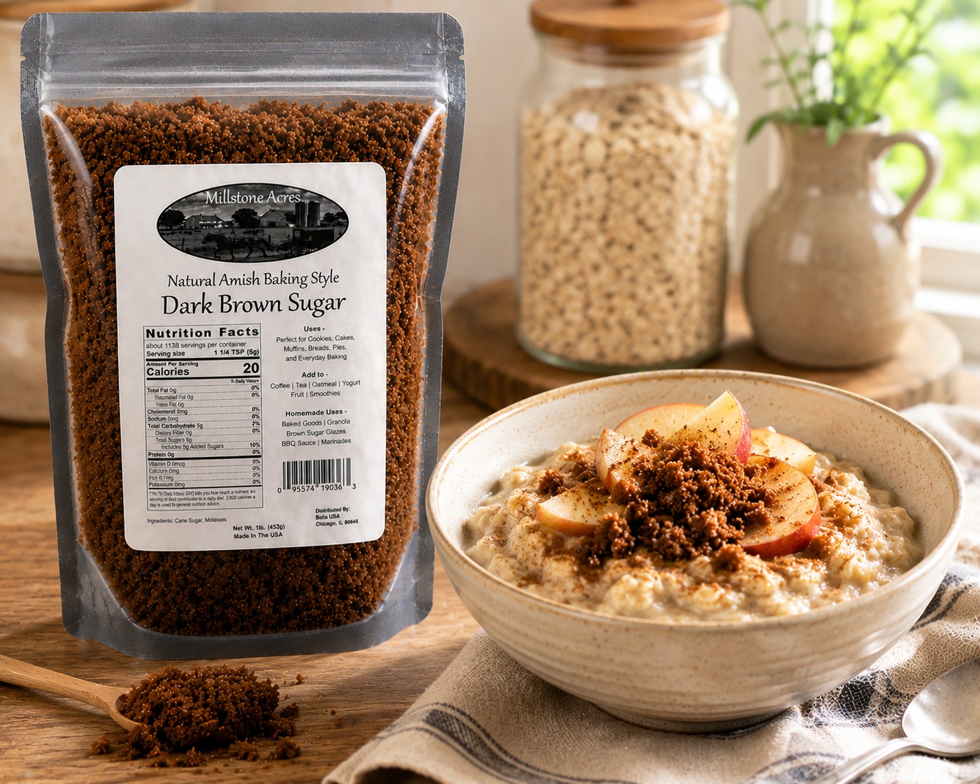 Packed measuring cup filled with Millstone Acres Dark Brown Sugar beside classic baking ingredients in a bright farmhouse kitchen.