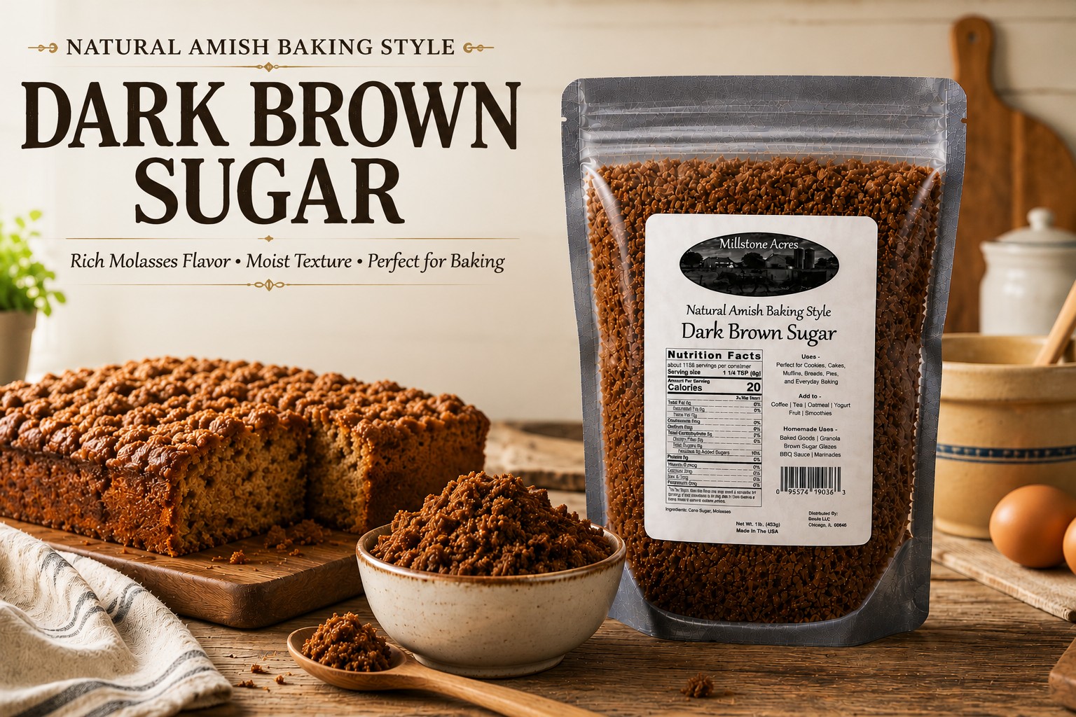 Millstone Acres Dark Brown Sugar displayed with gingerbread, spice cakes, barbecue sauce, baked beans, and homemade baked goods in a bright farmhouse kitchen.