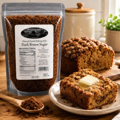 Millstone Acres Dark Brown Sugar package displayed beside homemade coffee cake in a bright farmhouse kitchen.