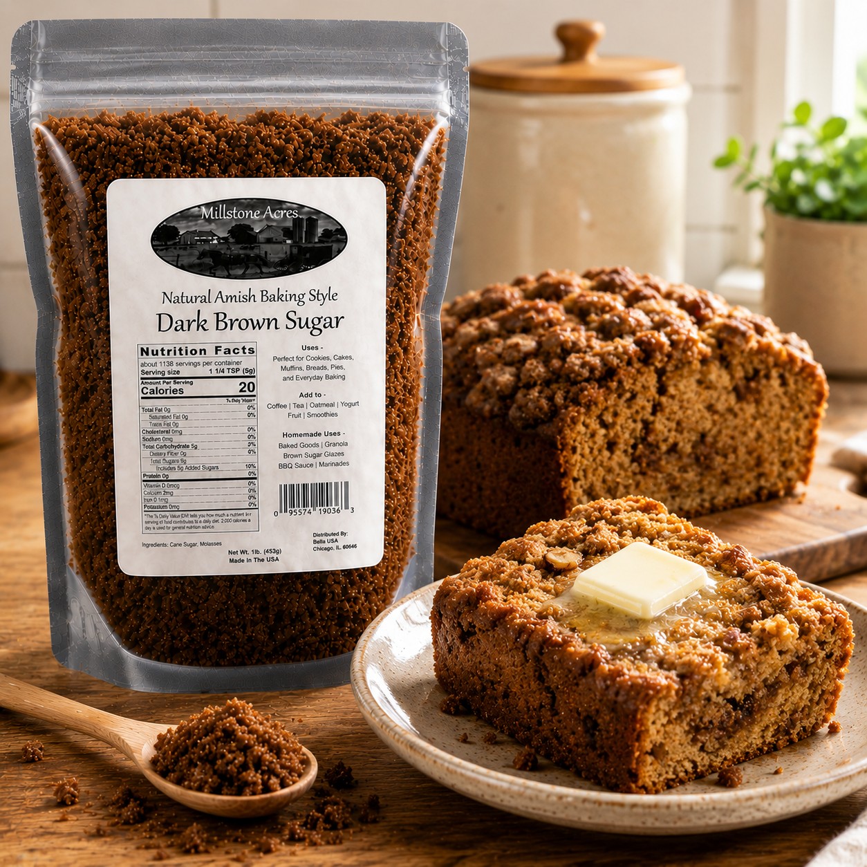 Millstone Acres Dark Brown Sugar package displayed on farmhouse pantry shelves surrounded by classic baking ingredients.