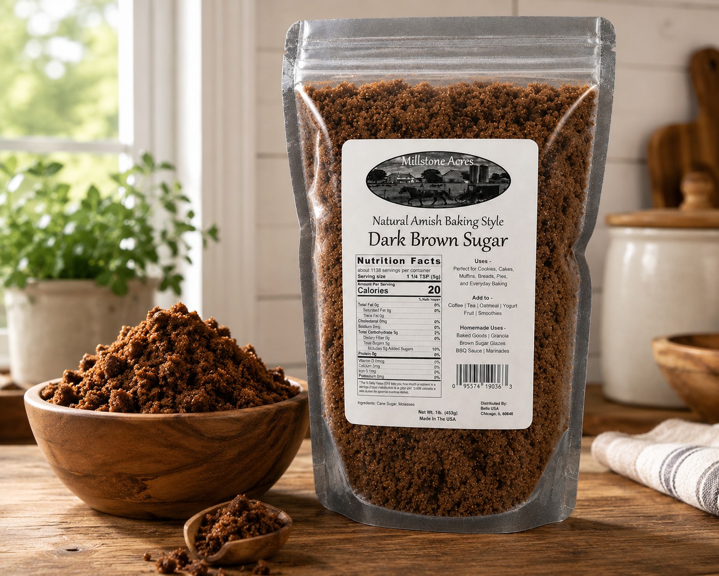 Millstone Acres Dark Brown Sugar in a wooden bowl showing its rich molasses color and soft texture in a bright farmhouse kitchen.