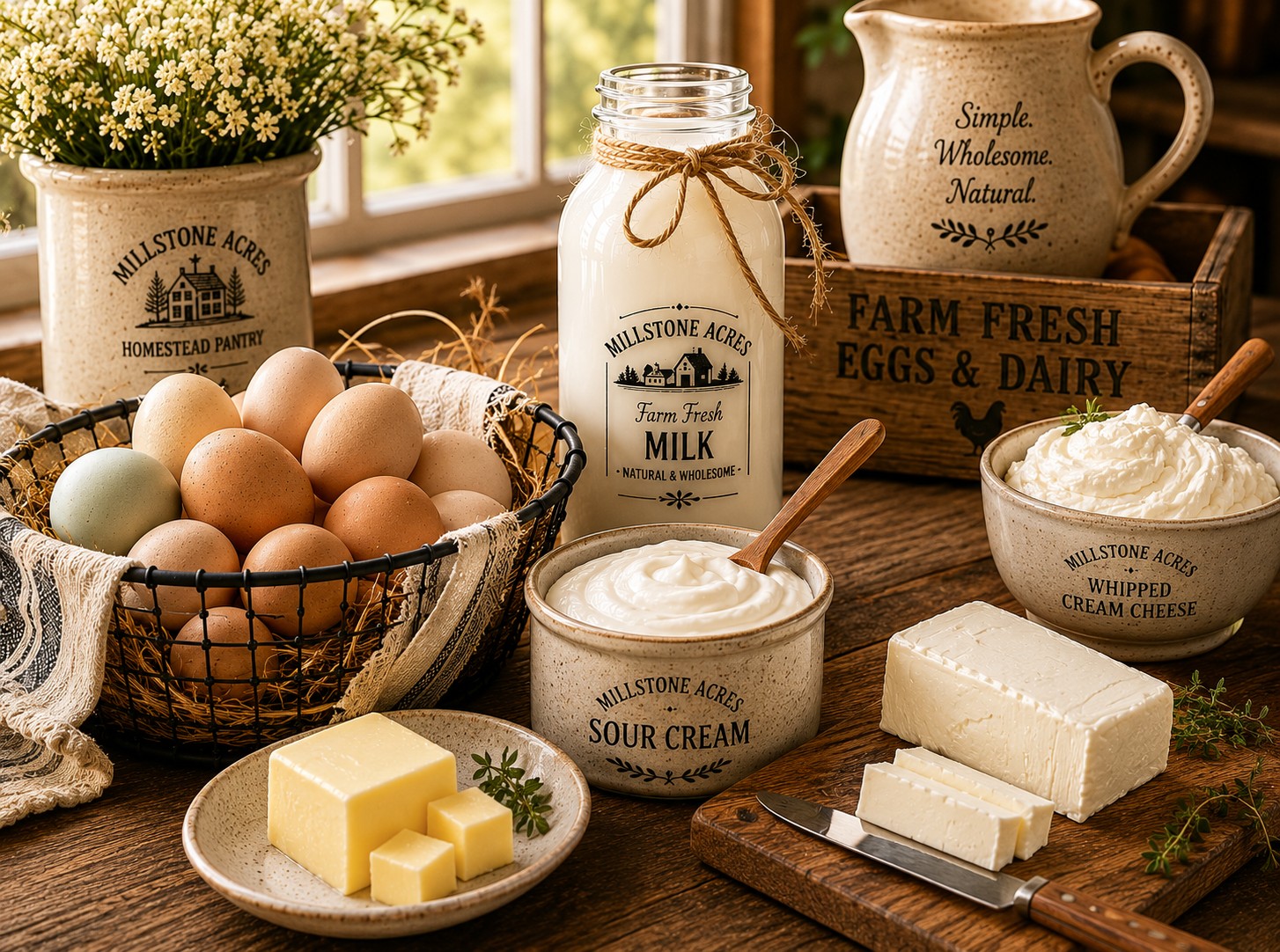 Millstone Acres Dairy & Egg Powders including whole milk powder, goat milk powder, butter powder, buttermilk powder, cream cheese powder, sour cream powder, heavy cream powder, and whole egg powder.