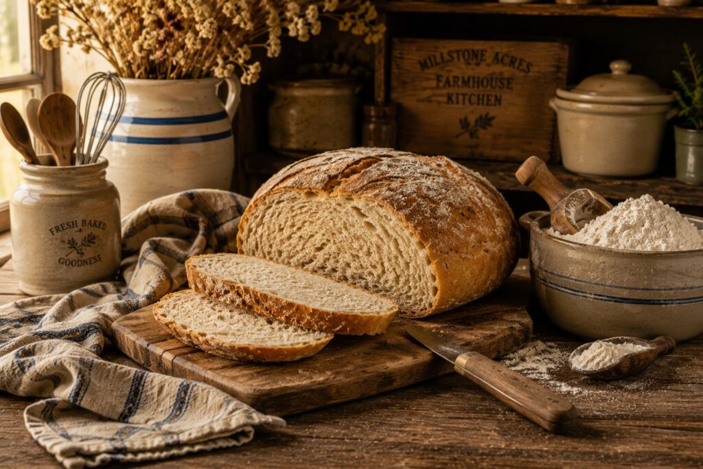 Rustic farmhouse kitchen scene featuring fresh homemade bread, flour bowls, wooden baking tools, and cozy country kitchen styling on a weathered wooden table with warm natural lighting.