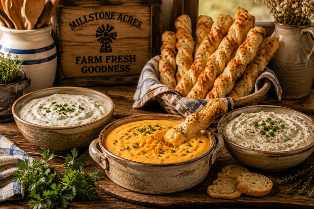 Rustic farmhouse kitchen scene featuring homemade breadsticks with cheddar cheese dip, creamy ranch dip, cream cheese dip, and cozy country appetizer styling on a weathered wooden table with warm natural sunlight.