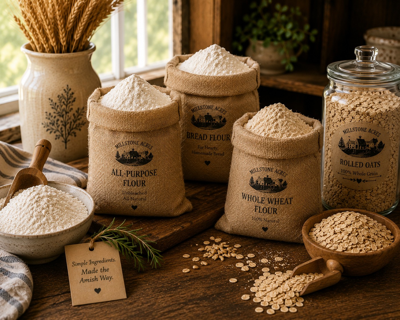 Millstone Acres flours and oats including bread flour, whole wheat flour, pastry flour, buckwheat flour, rolled oats, quick oats, and steel cut oats.