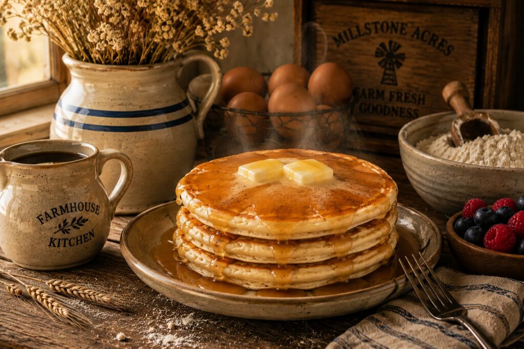 Rustic farmhouse breakfast scene featuring steaming pancakes with melting butter and maple syrup, fresh berries, flour bowls, and cozy country kitchen styling in warm natural sunlight.