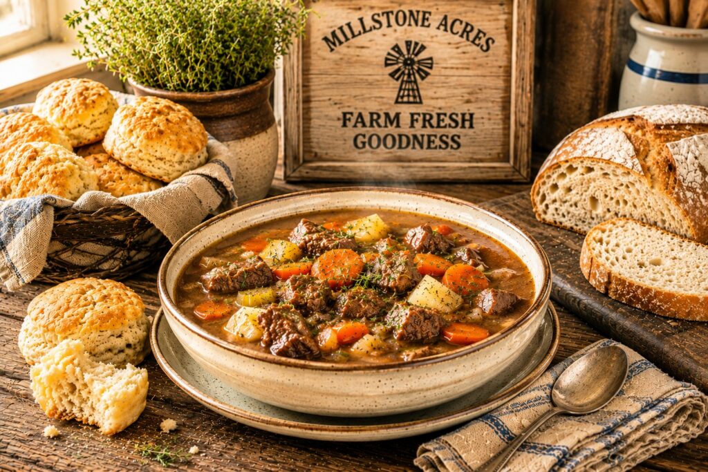 Rustic farmhouse kitchen scene featuring hearty beef stew, homemade bread, flaky biscuits, and cozy country kitchen styling on a weathered wooden table with warm natural sunlight.