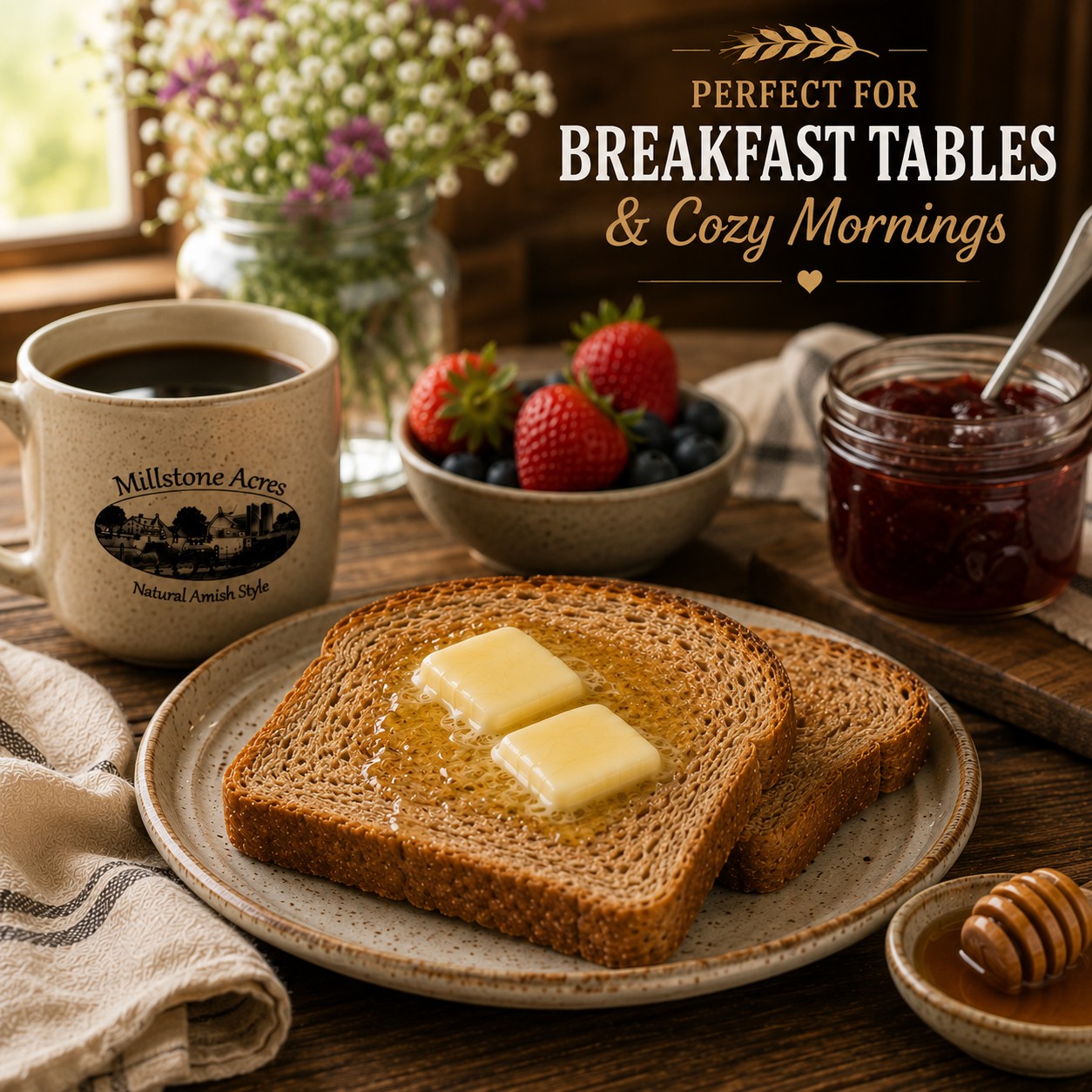 Hearty wheat toast with melting butter, coffee, fresh berries, and homemade jam.
