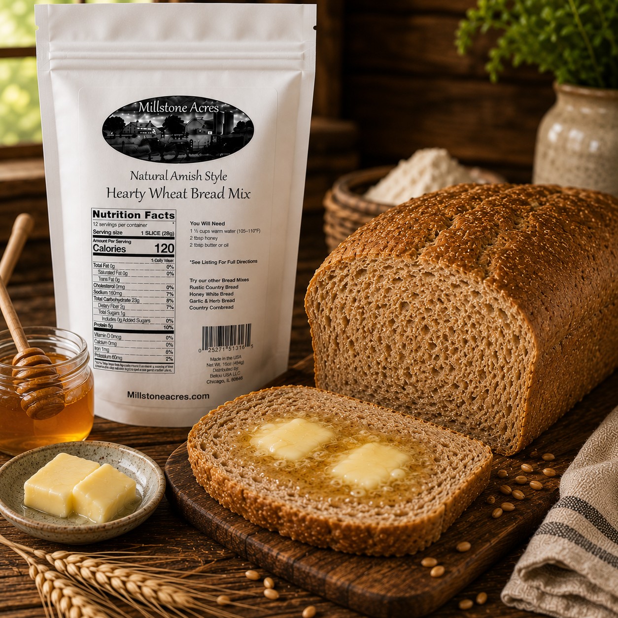 Warm hearty wheat bread topped with two melting pats of butter and honey.