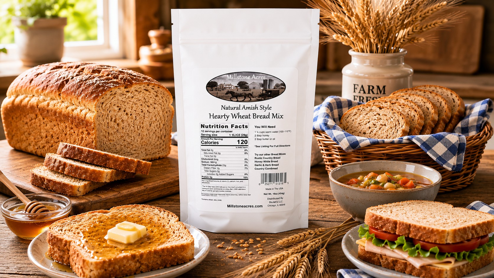 Millstone Acres Hearty Wheat Bread Mix with homemade wheat bread, honey butter toast, sandwich bread, and soup in a farmhouse kitchen.