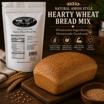 Millstone Acres Hearty Wheat Bread Mix displayed beside a loaf of hearty wheat bread, whole grains, wheat stalks, flour, and wholesome baking ingredients.