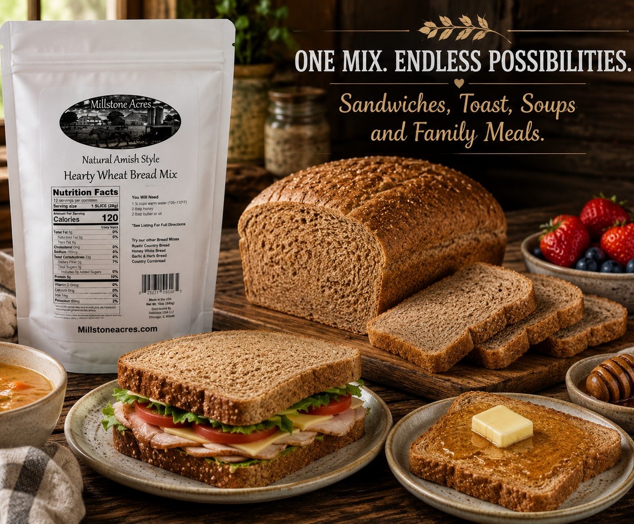 Hearty wheat bread served as sandwiches, toast, and alongside homemade soup.
