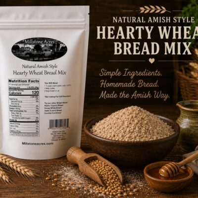Stone-ground grains, wheat ingredients, and Hearty Wheat Bread Mix displayed in a rustic farmhouse baking scene.