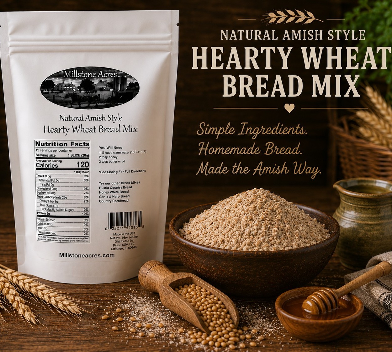 Stone-ground grains, wheat ingredients, and Hearty Wheat Bread Mix displayed in a rustic farmhouse baking scene.