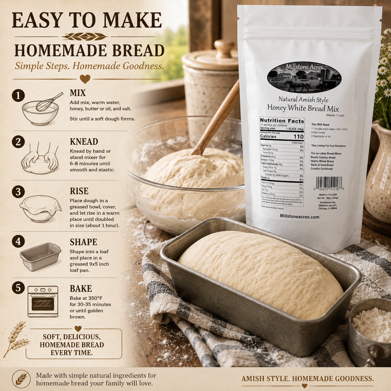 Easy homemade honey white bread rising and baking with Millstone Acres Honey White Bread Mix.