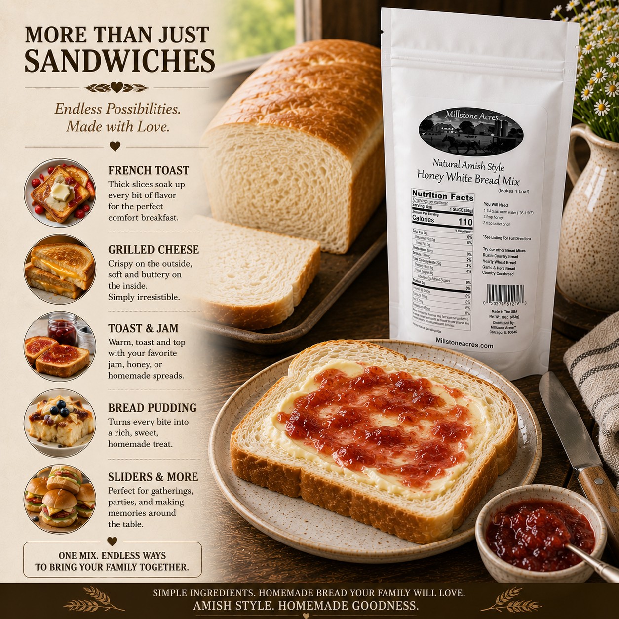 Millstone Acres Honey White Bread Mix used to make homemade sandwiches and everyday family meals.