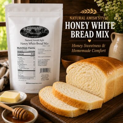 Millstone Acres Honey White Bread Mix beside a freshly baked loaf of honey white bread with honey and butter on a rustic farmhouse kitchen table.