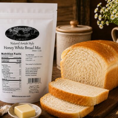 Millstone Acres Honey White Bread Mix beside a freshly baked loaf of honey white bread with honey, butter, and farmhouse kitchen accents.