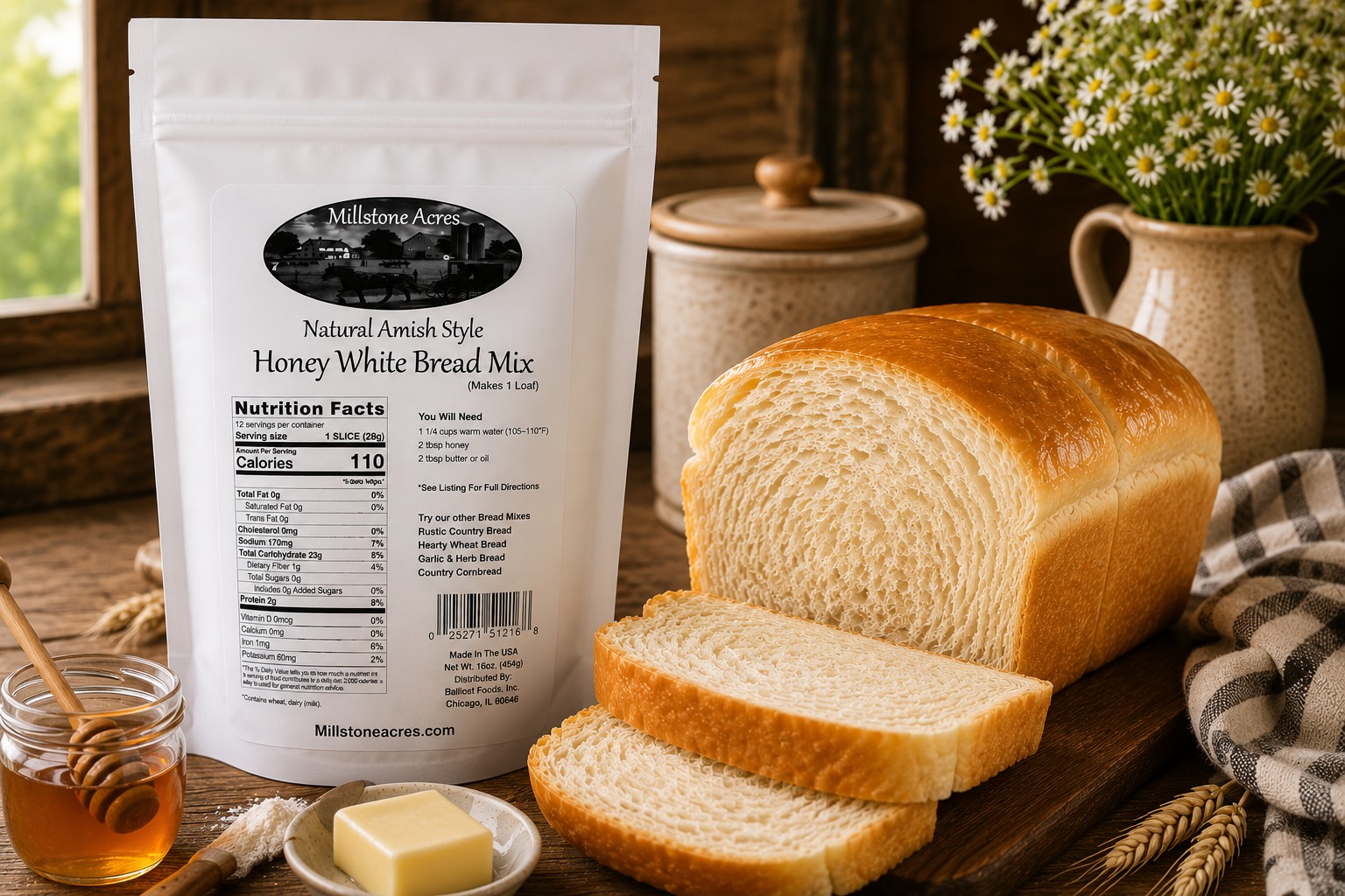 Millstone Acres Honey White Bread Mix with freshly baked homemade bread, honey, and simple natural ingredients in a warm farmhouse kitchen.