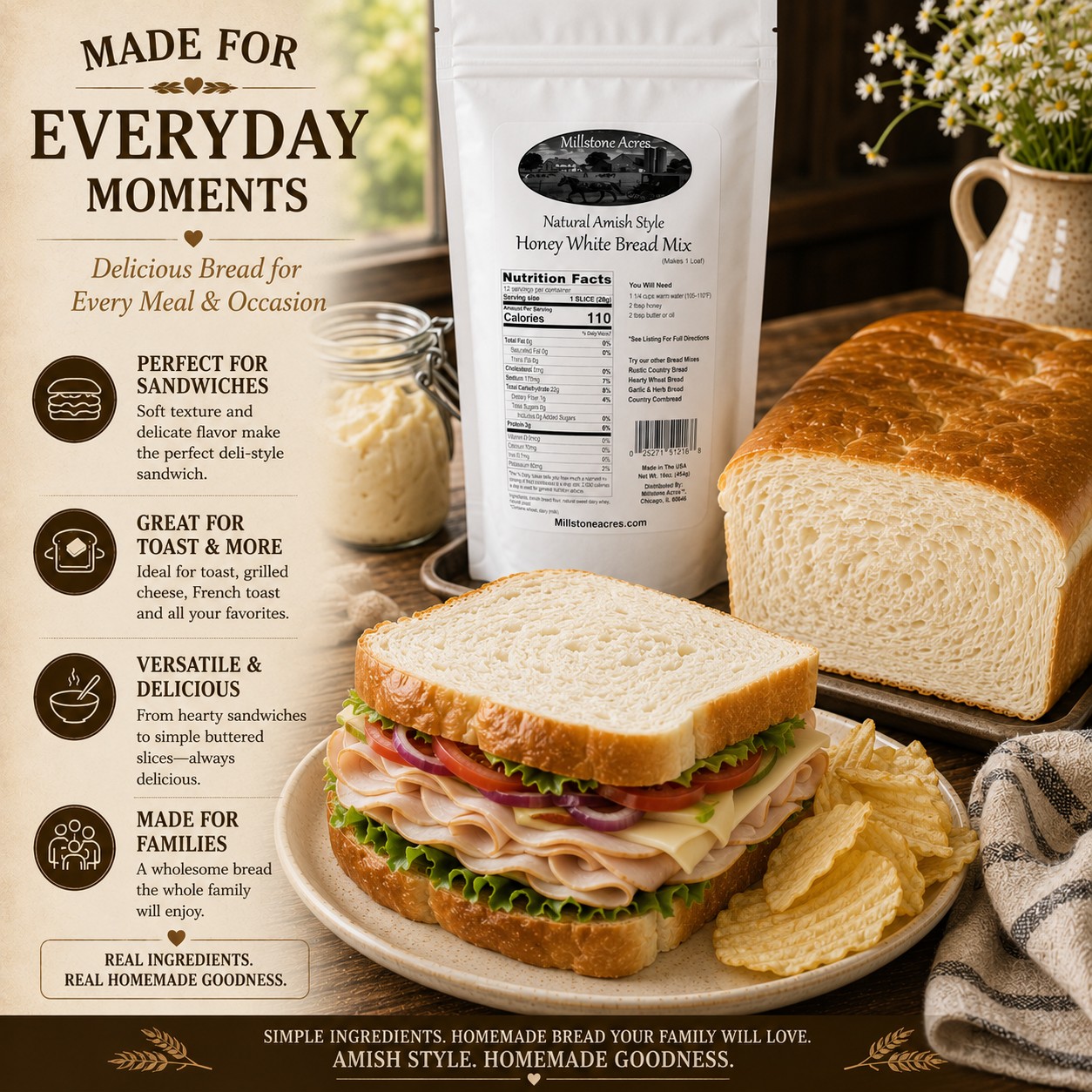 Freshly baked honey white sandwich bread with soft texture and golden crust.