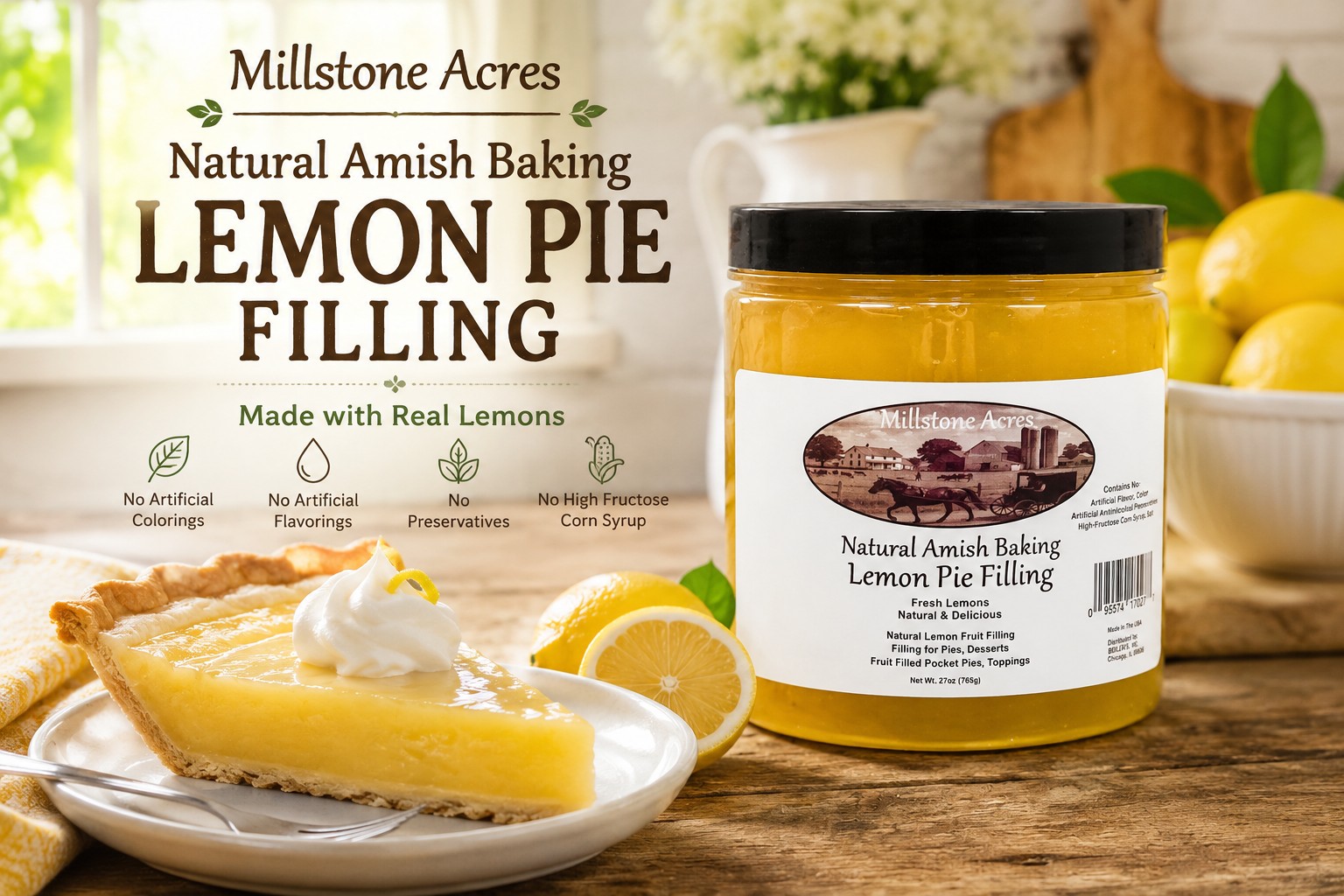 Millstone Acres Lemon Pie Filling with fresh lemon pie, real lemons, and natural ingredient benefits in a bright farmhouse kitchen.