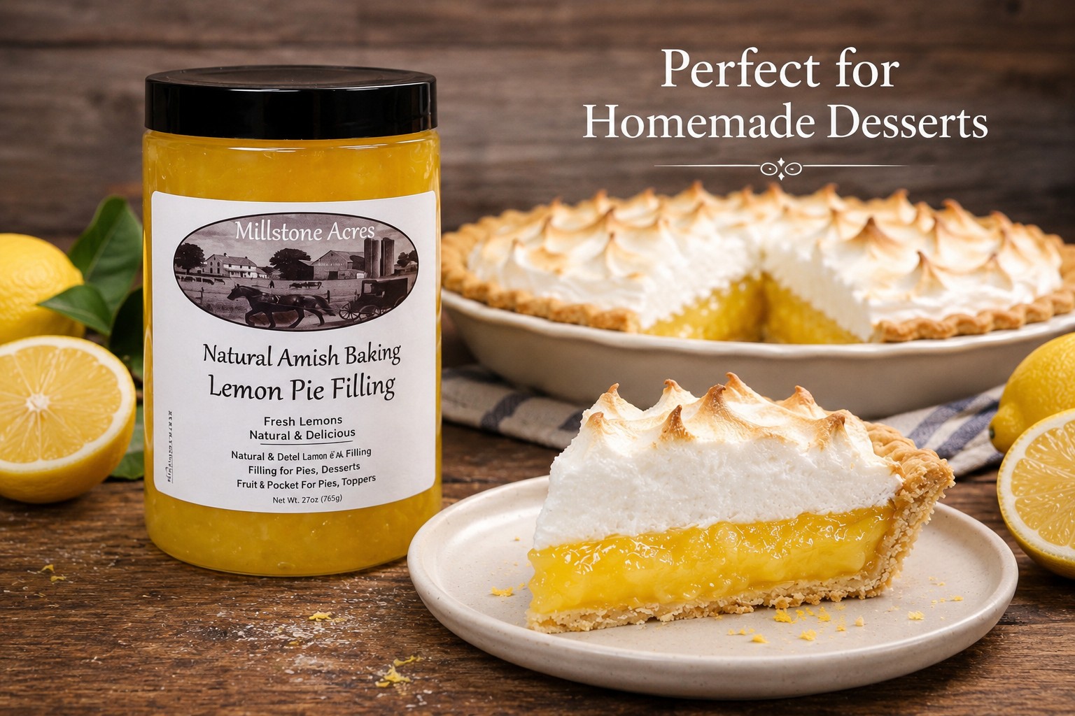 Lemon pie filling jar beside homemade lemon meringue pie slices with golden crust and toasted meringue topping on a rustic farmhouse kitchen table.
