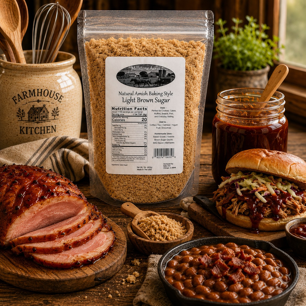 Light brown sugar used in homemade barbecue sauce, glazes, and savory farmhouse cooking.